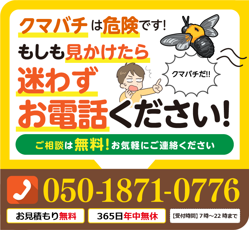 クマバチは危険です。もしも見かけたら、迷わずお電話ください