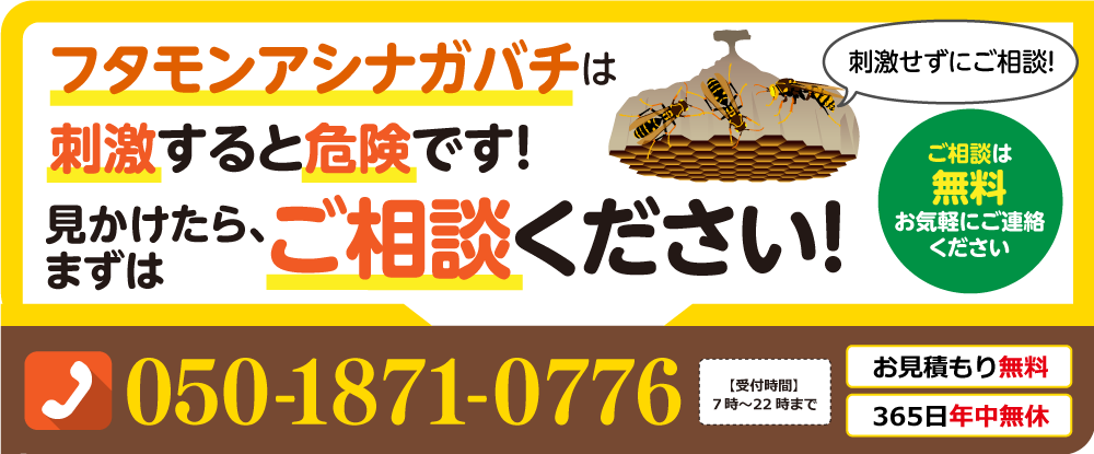 ふたモンアシナガバチは刺激すると危険です。見かけたらまずは、ご相談ください